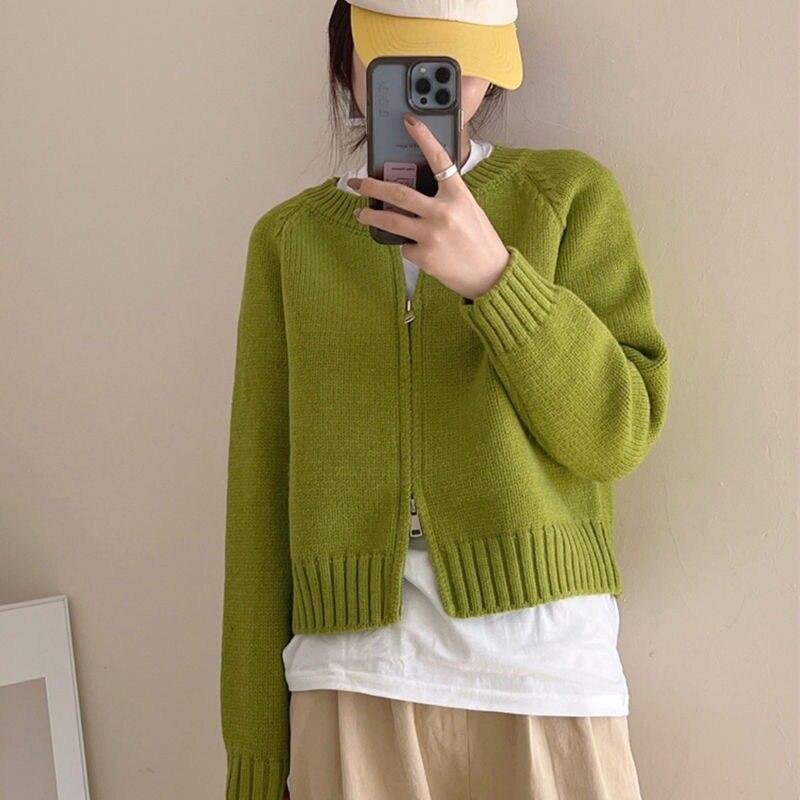 Зимний однотонный вязаный кардиган, женские куртки, милые укороченные свитера на молнии, корейские винтажные повседневные свободные короткие трикотажные пальто 28975
