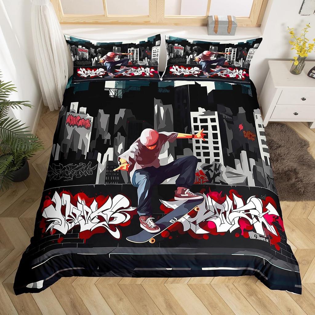 Skateboard Duvet Cover Set For Kids Teens Queen Size Lightweight Down Comforter Covers 2 Pillowcases 1 Comforter Cover No Quilt