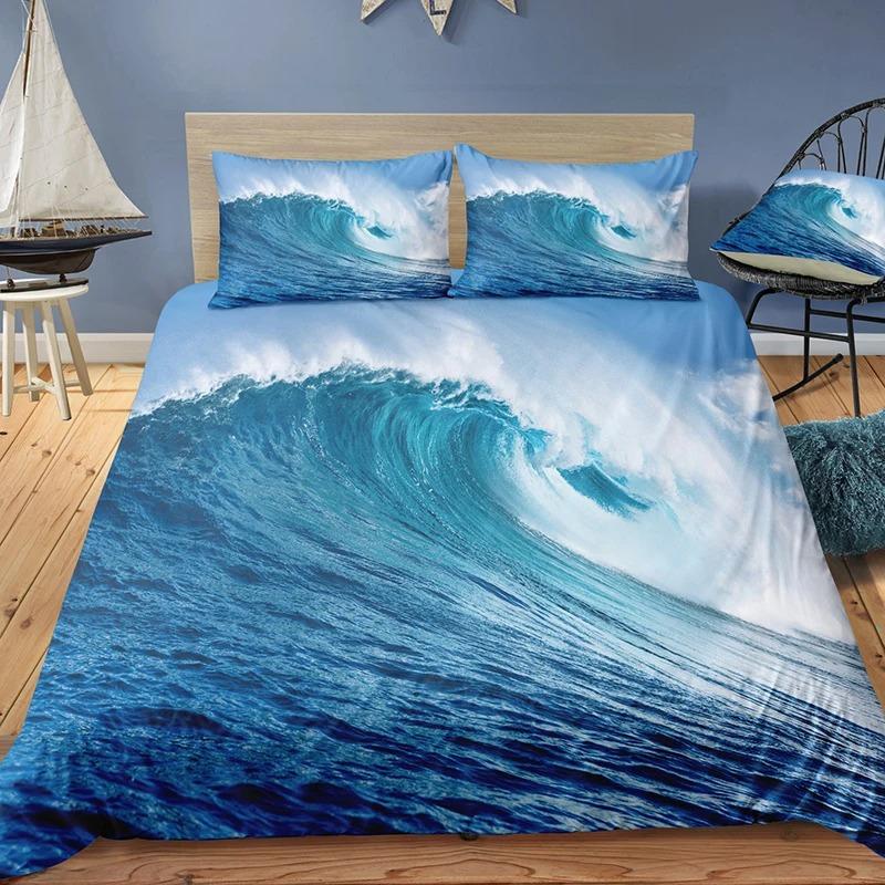 Sea Wave Duvet Cover King/Queen Size 3D Blue Ocean Spray Waves Bedding Set for Kids Teens,Azure Seawater Soft Comforter Cover