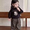 Korean Cartoon Sweatshirt & Leopard Print Pants Set for 1-Year-Old Girls - Autumn Outfit