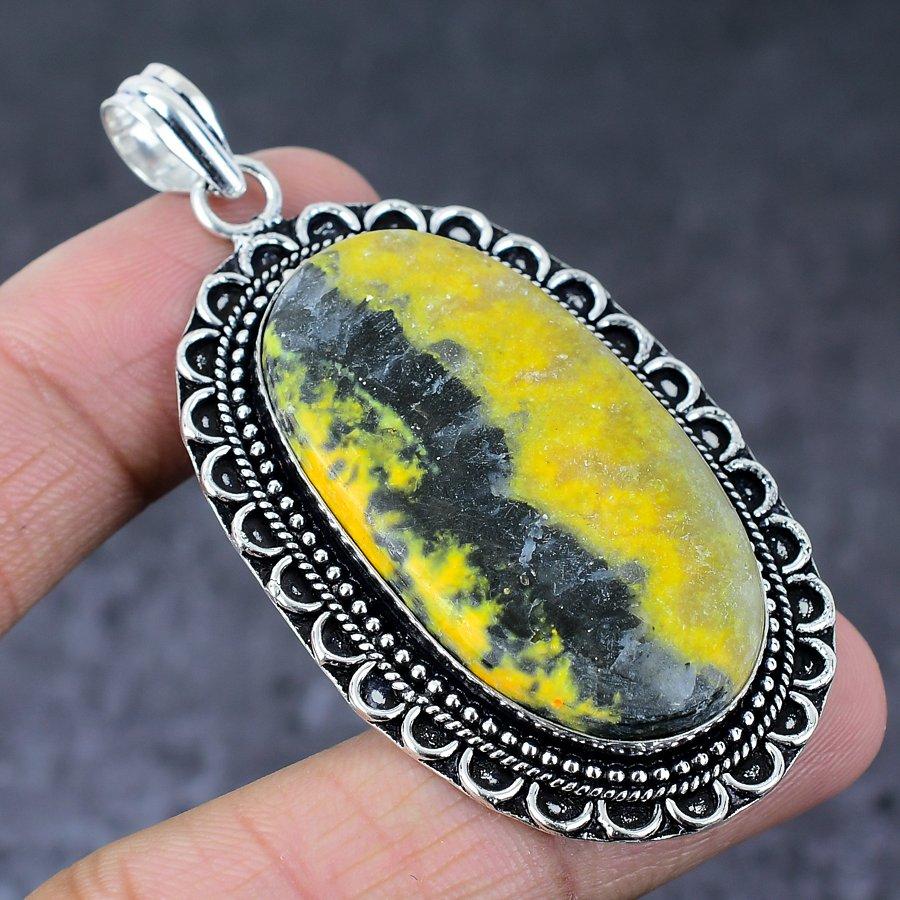 Bumblebee Jasper Gemstone Handmade 925 Sterling Silver Gift Pendant 2.68" I2i13