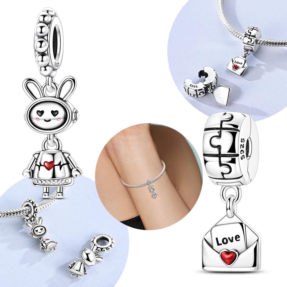 Jigsaw Heart Clip Pendant Rabbit Robot Charm 925 Silver Bead Fit Bracelet Women Accessory Valentines Fine Gift Jewelry