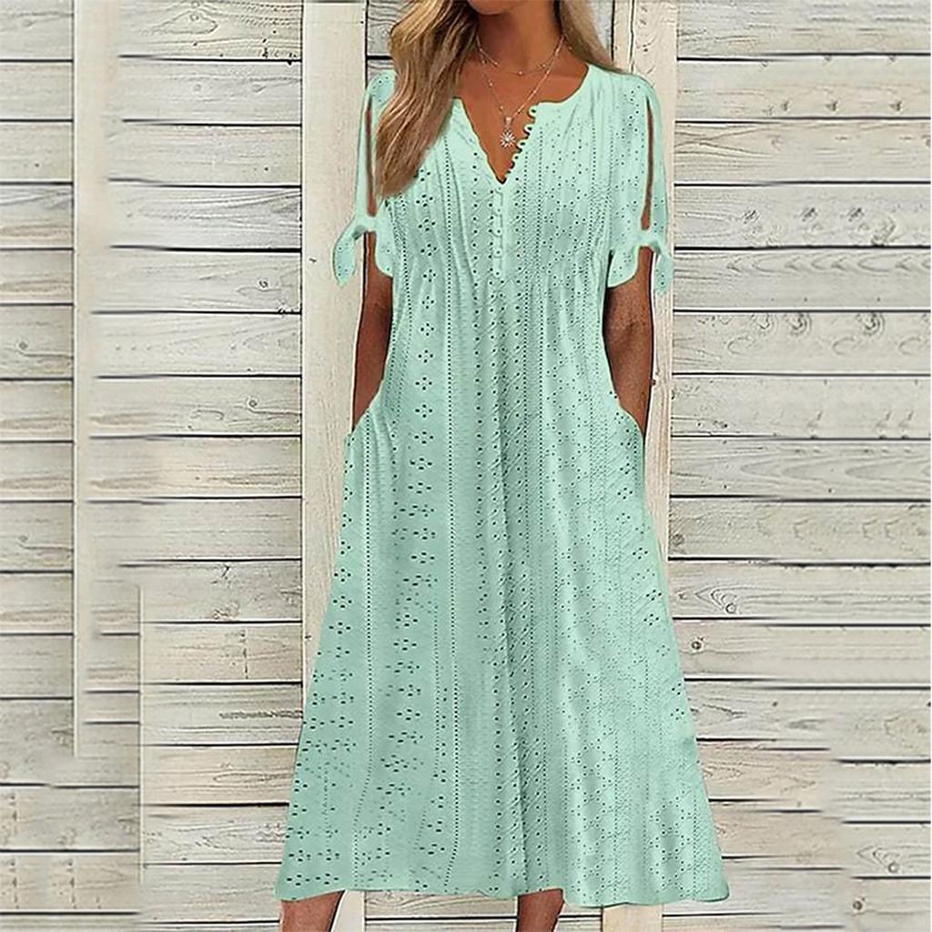 Women's Fashion Casual Solid Color Round Neck Button Off Shoulder Short Sleeve Pocket Dress