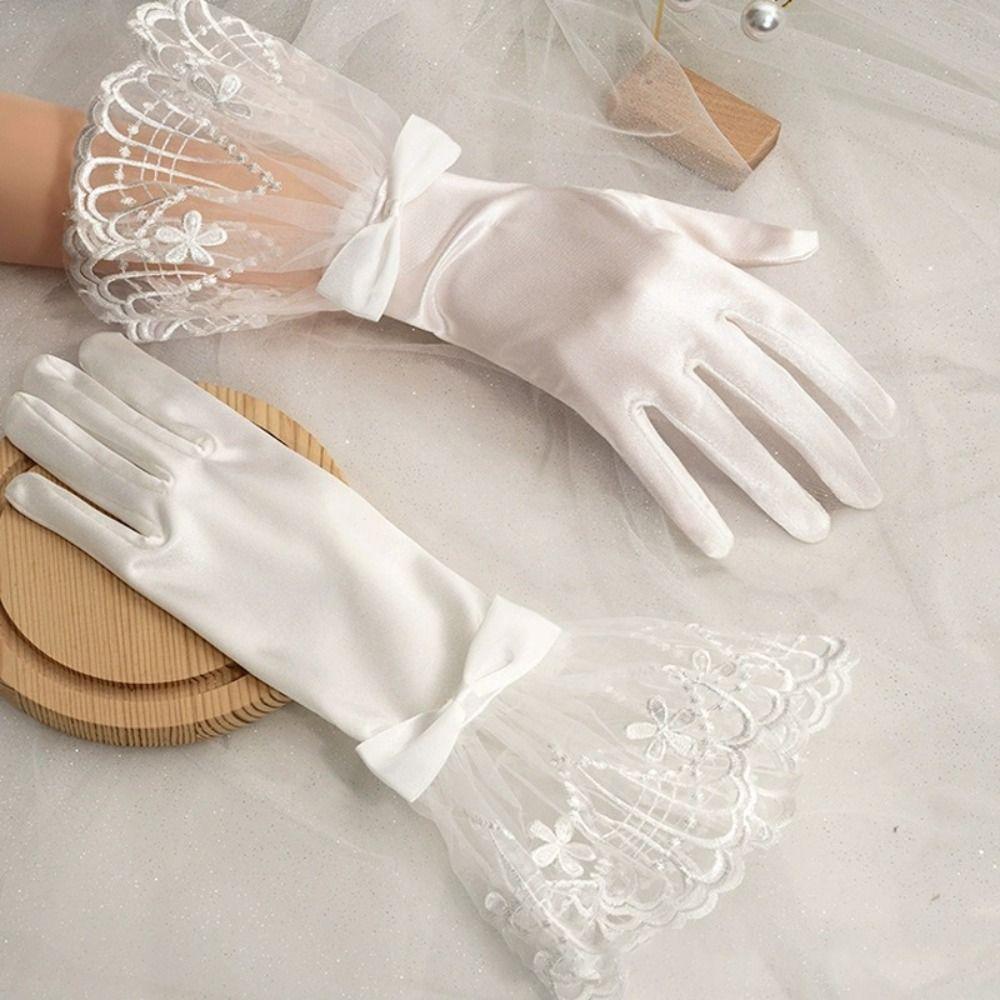 Bow Pearl Bride Dress Gloves Lace Mesh Chiffon Gloves Elegant Wedding Accessories Party