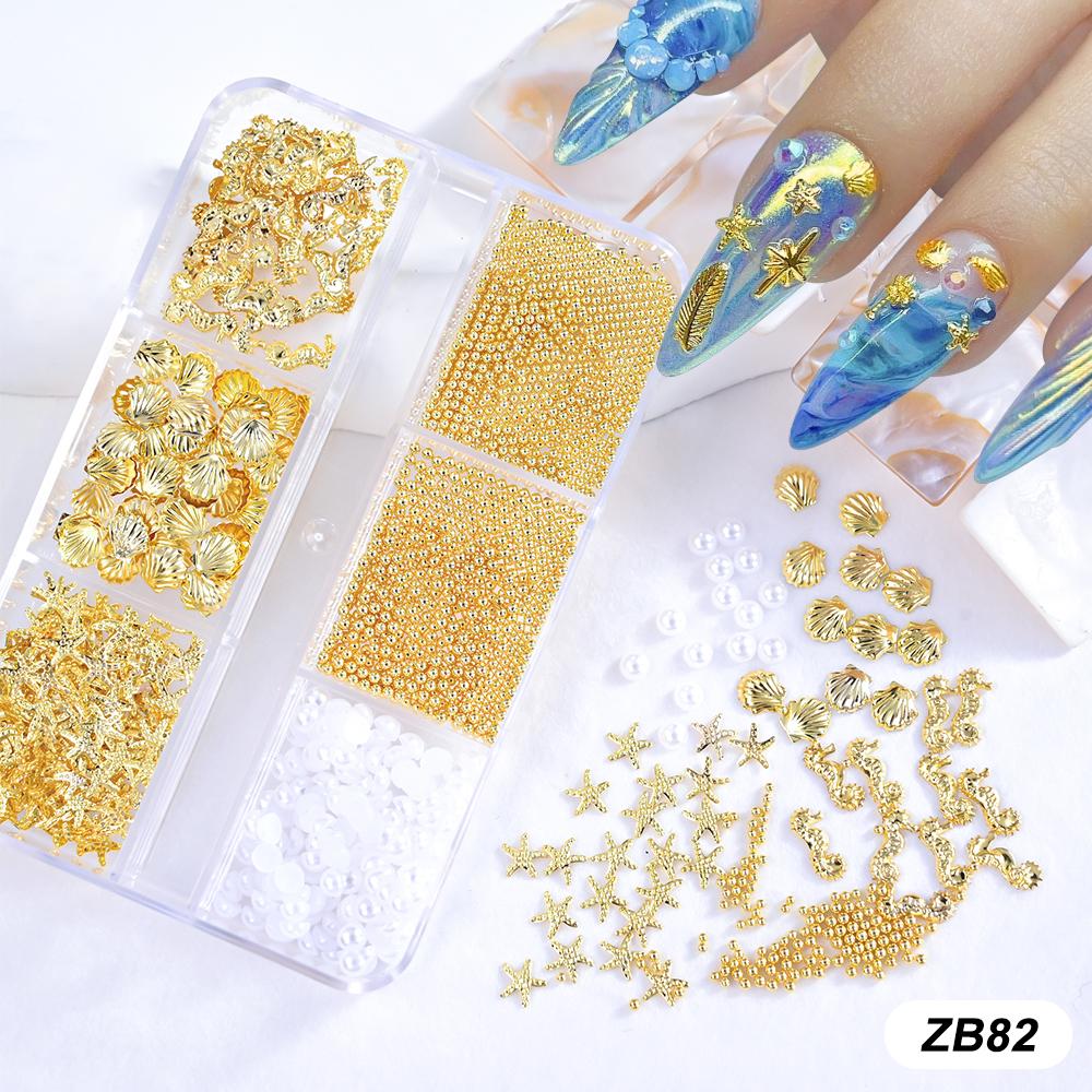 1Box Metal Rivets Alloy Studs Nail Charms Summer Ocean Gold Starfish Shell Star Conch Beads Nail Art Decorations Accessories&ZB