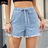 Elastic-waist Drawstring Casual High-waisted Furred Denim Shorts