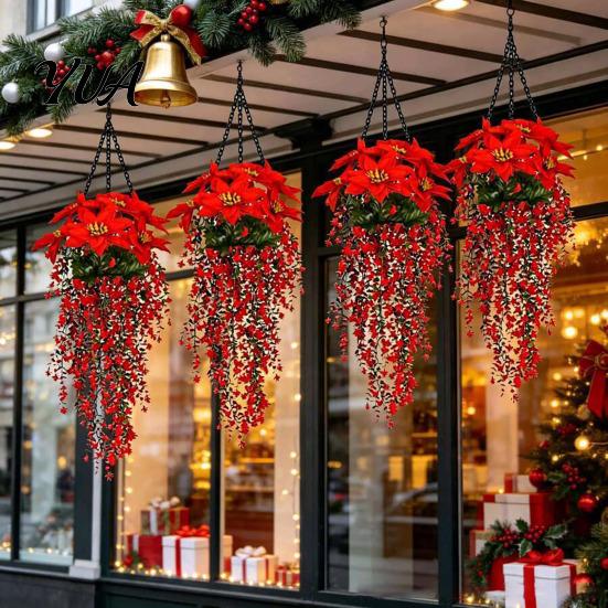 Red Flower Garland Christmas Poinsettia Hanging Garland, Artificial Silk Flowers with Berries Floral Arrangement And Greenery, 85cm Outdoor