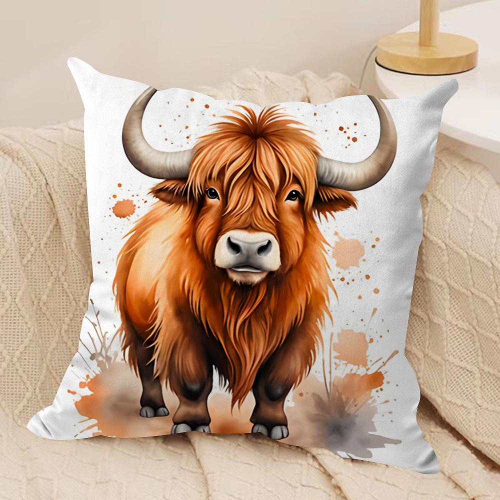 Highland cow and flower Cushion Cover Soft Plush Fabric DoubleSided Printed Cushion Covers for All Seasons Home Decor