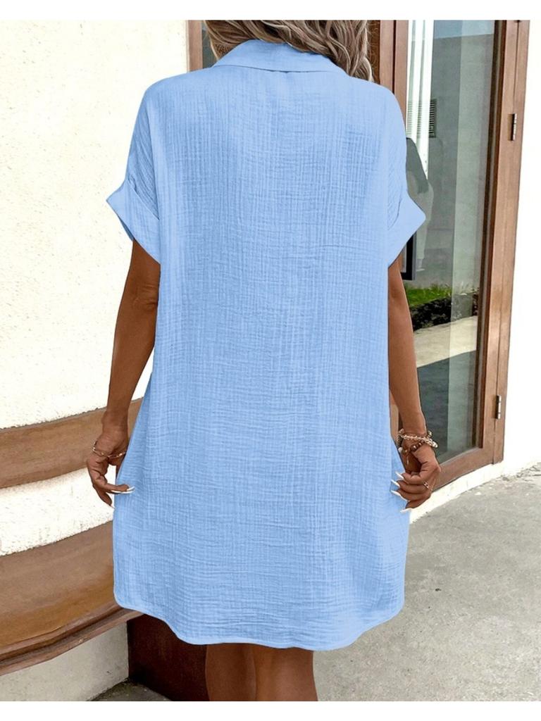 V Collar Solid Color Button Dress High Waist Elegant Shirt Dress for Women Short Sleeve Loose Dresses Causal Dress