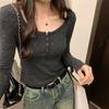 Korean Style Gray Brushed Round Neck Half-breasted Long-sleeved T-shirt Women's Autumn and Winter New Slim Slim Bottoming Shirt Trendy