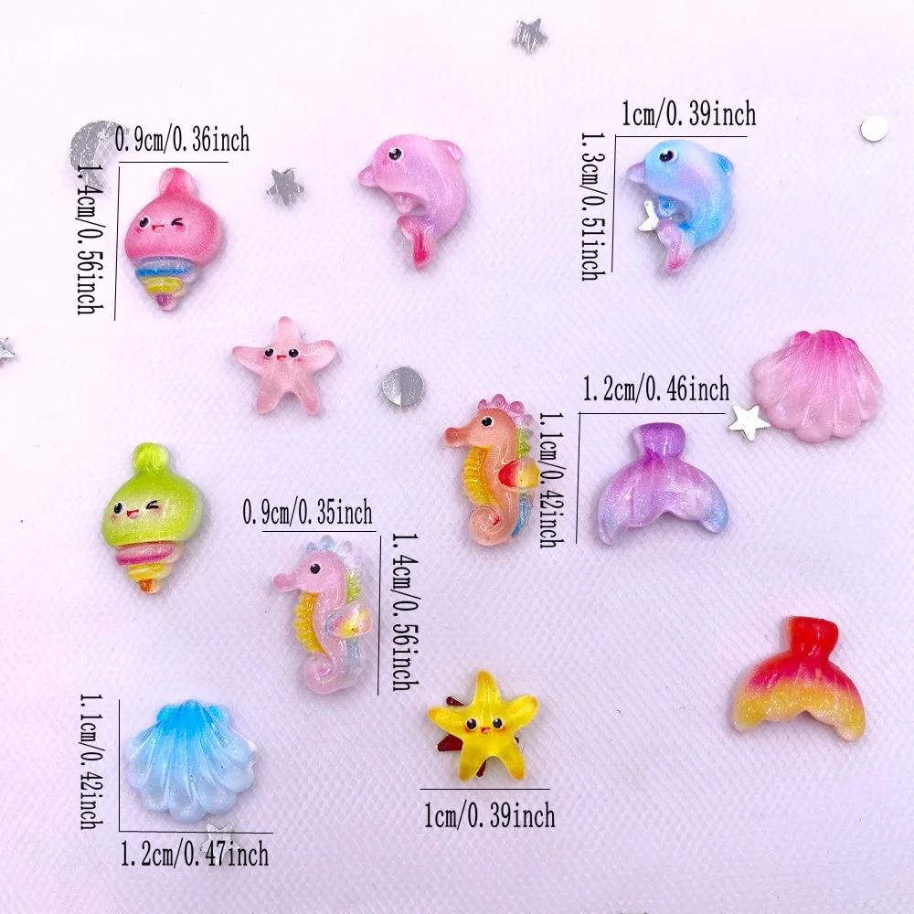 50pcs Glitter Mixed Resin Mini Colorful Mermaid Tail Shell Starfish Seahorse Conch Flatback Figurines Rhinestones Nail Art DIY Scrapbook Accessories