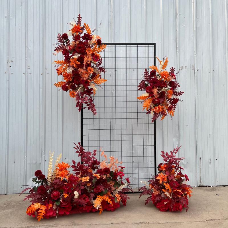 Red Floral Wedding Stage Backdrop with Artificial Flower Rows