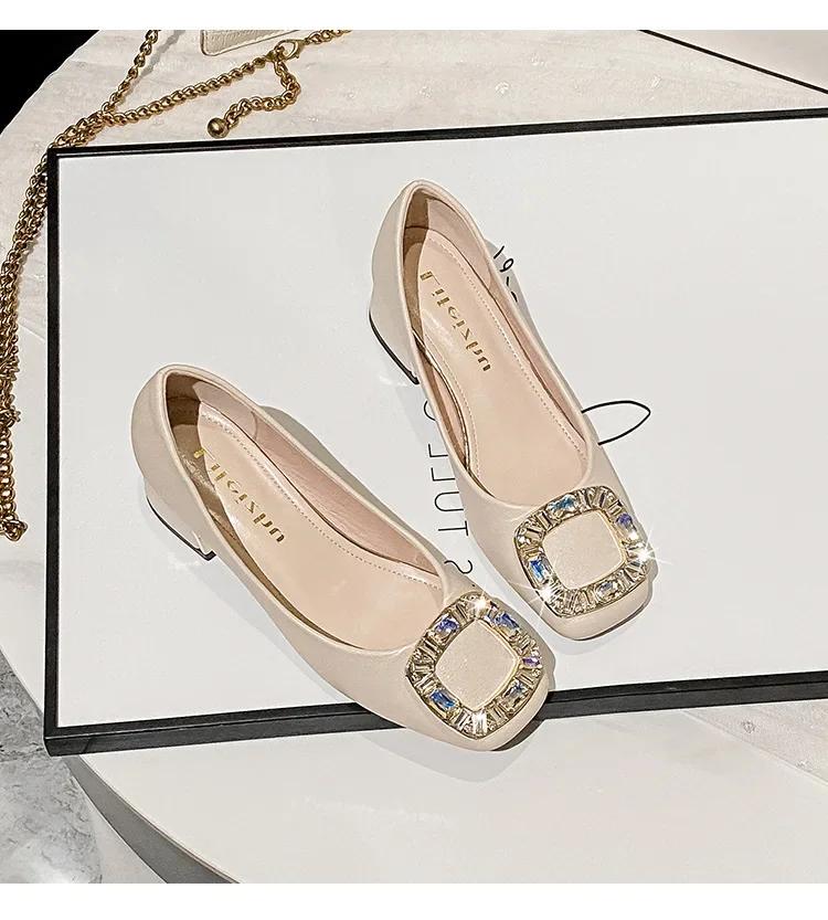 New Shoes for Women Leather Pumps New OL Round Rhinestone Casual High Heels Shoes Girl Concise Dress Shoes