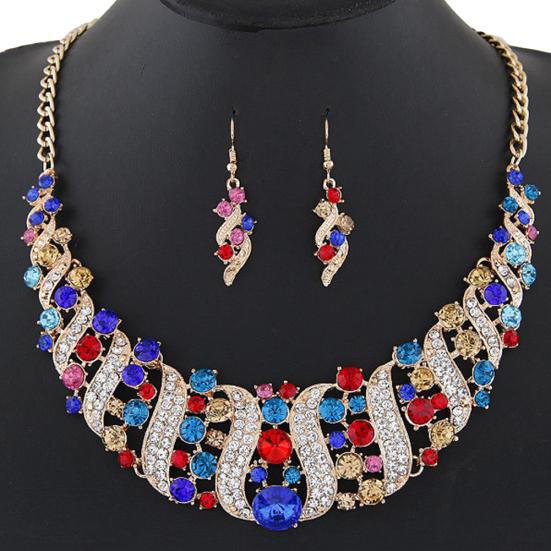 Women Rhinestone Spiral Bib Necklace Hook Earrings Statement Party Jewelry Set
