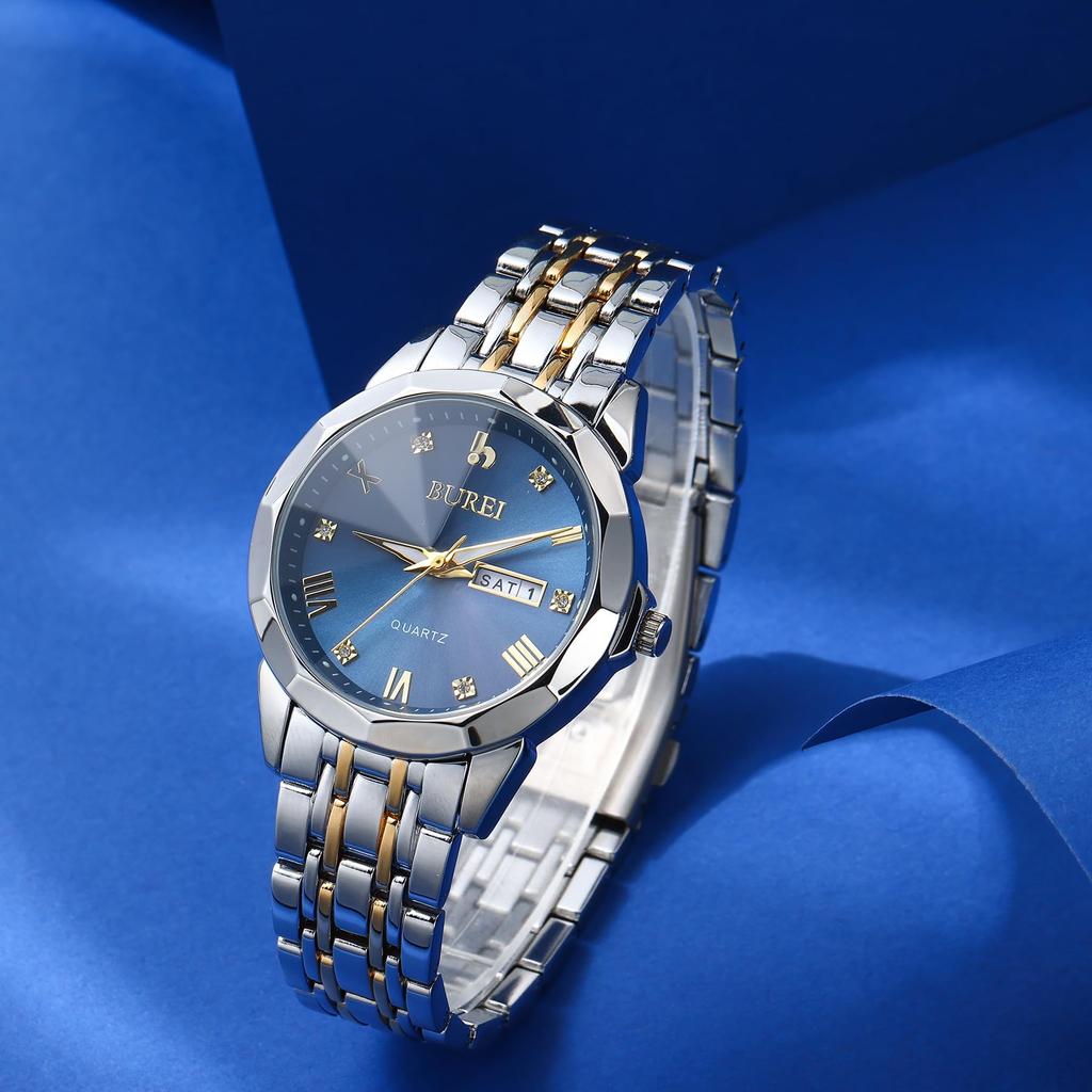 BUREI Аналоговые кварцевые часы с большим циферблатом и бриллиантами Стильные и роскошные водонепроницаемые часы для свиданий Простой и повседневный дизайн с браслетом из нержавеющей стали