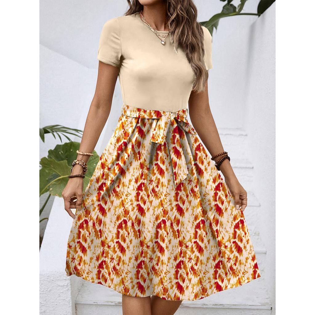 Women's Fashionable Retro Patterned Printing Color Blocked Belt Casual Dress