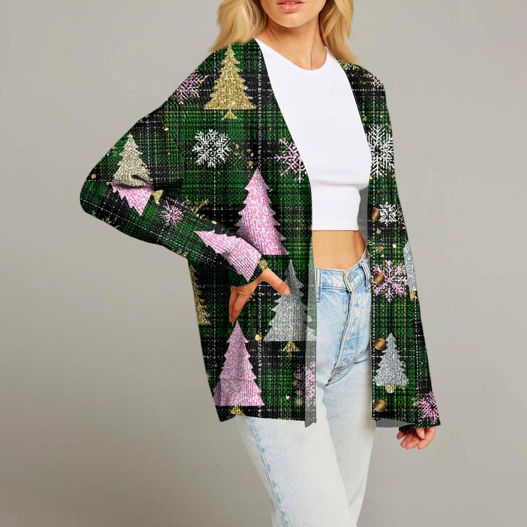 Женский модный кардиган с длинным рукавом, V-образным вырезом, на пуговицах, свободного кроя, с рождественским принтом