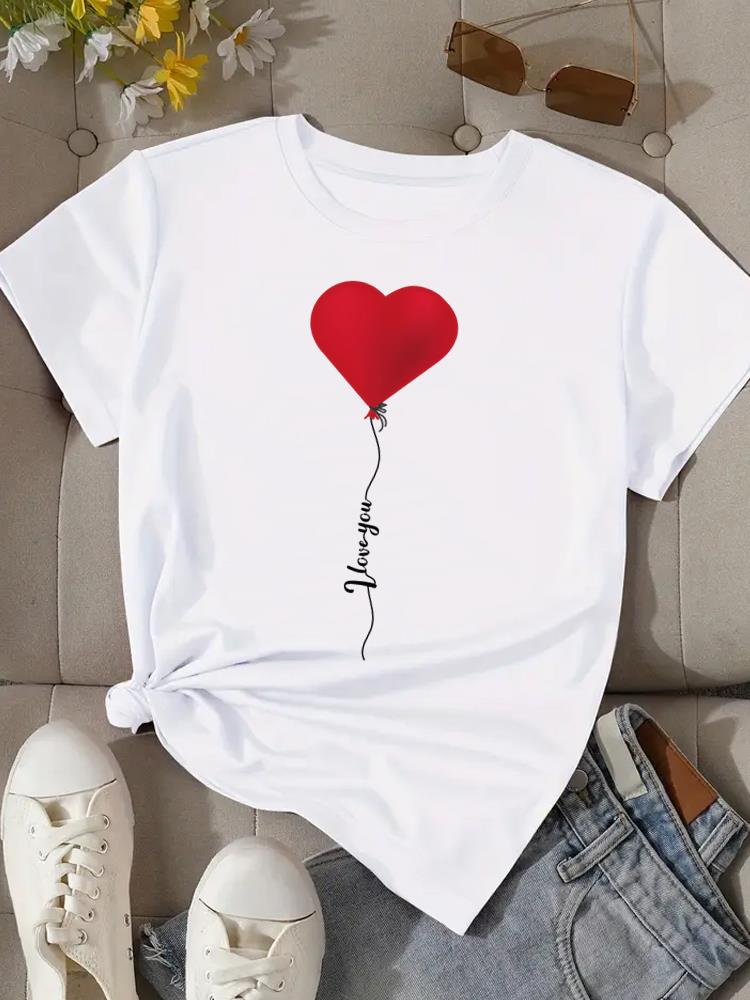 (Азиатский размер) Принт Мода Женская Футболка Топ Женская Одежда Футболка принт сердце любовь Женская Футболка с Коротким Рукавом Графические Футболки
