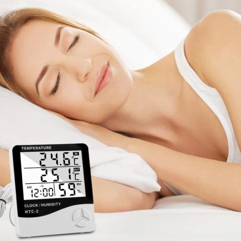 HTC-1 Digital LCD Temperature Humidity Monitor Gauge with Alarm Clock Mini Hygrometer for Home Desktop Office Use