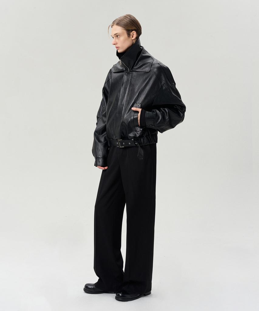 Rerhee Men Double Collar Belted Hem Jacket Black