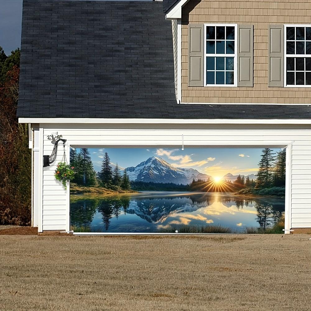 One 2D flat-printed autumn mountain lake scenery garage door banner, classic outdoor decoration, large fabric cover