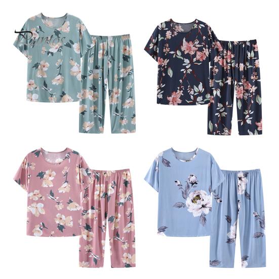 2 шт./компл. женский пижамный комплект среднего возраста с круглым вырезом и цветочным принтом, с коротким рукавом, эластичной резинкой на талии, плиссированные, свободные, тонкие, с широкими штанинами, мягкая одежда для сна для мамы, бабушки, топ
