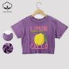 Creative Lemon Fruit Cello Printed Cotton Crop Tees Street Summer Lace Hem Washed T-Shirts Distressed Clothes