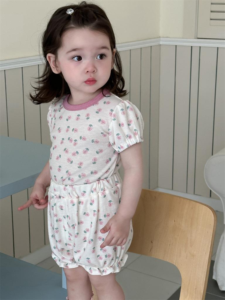 Милый летний пижамный комплект для девочек в корейском стиле, легкий комплект с шортами с цветочным принтом
