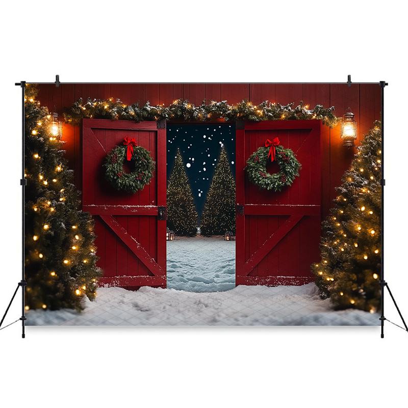 Mocsicka Christmas Tree Background Photography Red Door Snow Wreath Gifts Kid Photo Backdrop Shooting Props Outdoor Decor Studio