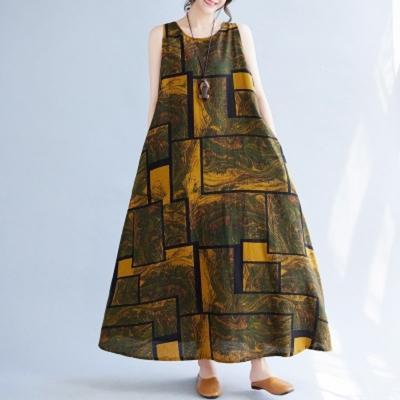 Длинное платье женское летнее ретро этнический стиль свободный принт без рукавов хлопок лен длинный пуловер жилет платья