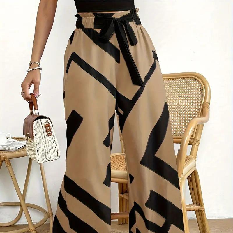Women Wide Leg Pants Fashion Striped Print Pantalones Spring Summer Casual Loose Lace Up Traf Clothing