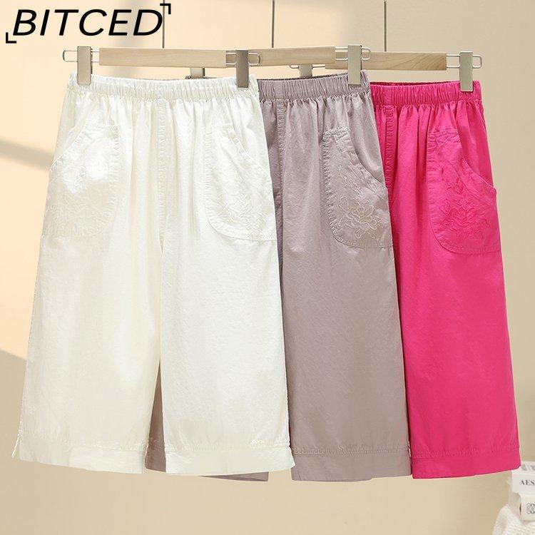 BITCED Летние женские брюки прямого кроя с эластичной талией, для женщин среднего и пожилого возраста, с высокой посадкой, из стираного хлопка, укороченные брюки больших размеров