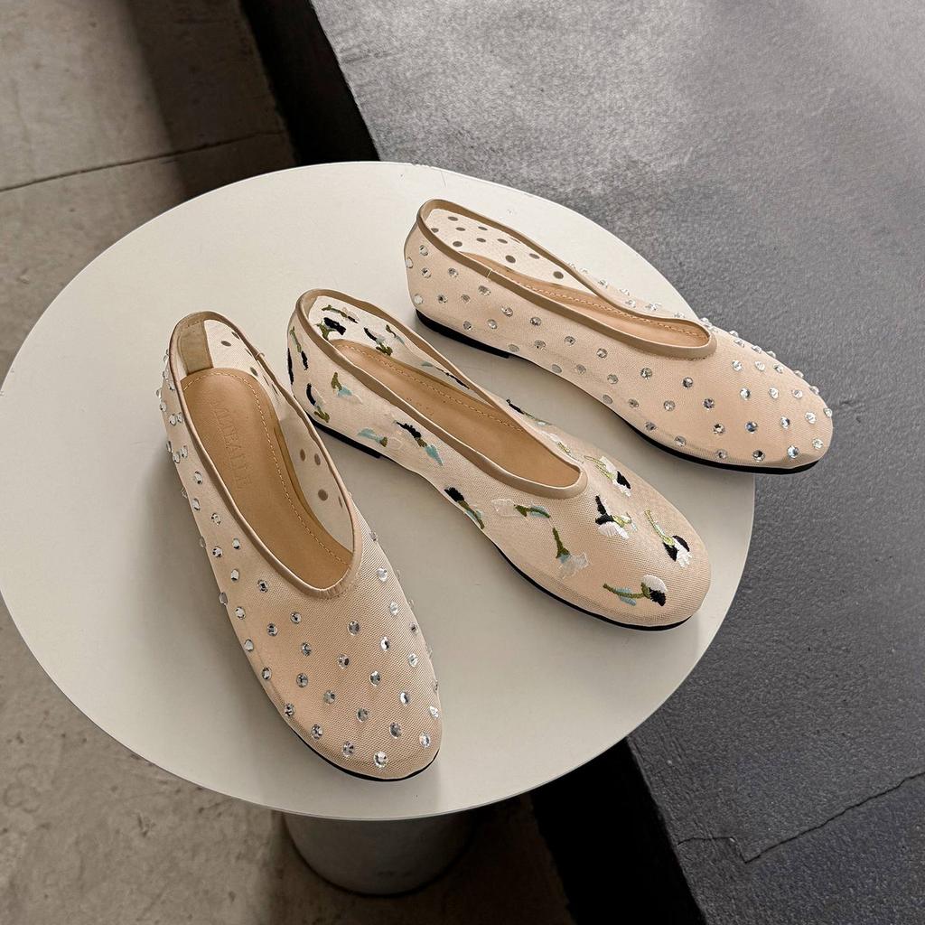 Krazing Pot Air Mesh Sheep Skin Flat with Crystal Beading Round Toe Jelly Shoes Embroidery Summer Size 42 Women Flats