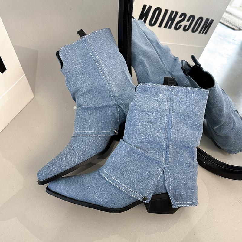 Модные джинсовые ботильоны для женщин, роскошные женские туфли из ПУ кожи, женские туфли на высоком каблуке, высококачественные женские ботильоны
