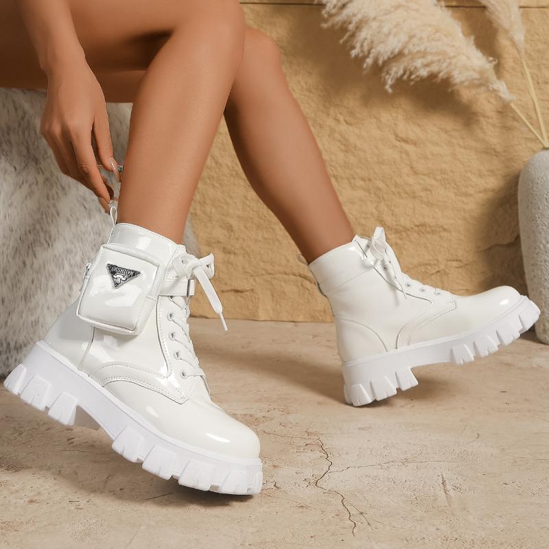 Высококачественные туфли на платформе с круглым носком и средней высотой голени для женщин, модные женские ботинки на шнуровке, короткие бочонки на толстом каблуке, Botas De Mujer