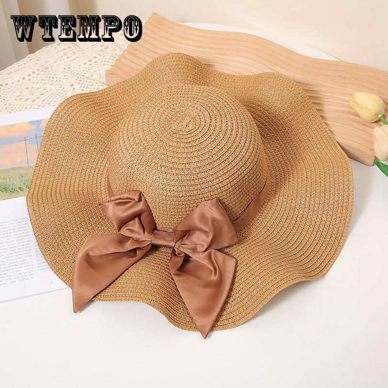 Simple Bowknot Straw Bucket Hat Elegant Solid Color Sun Hat Trendy Foldable Travel Beach Hats for Women Daily Uses Summer Outdoor