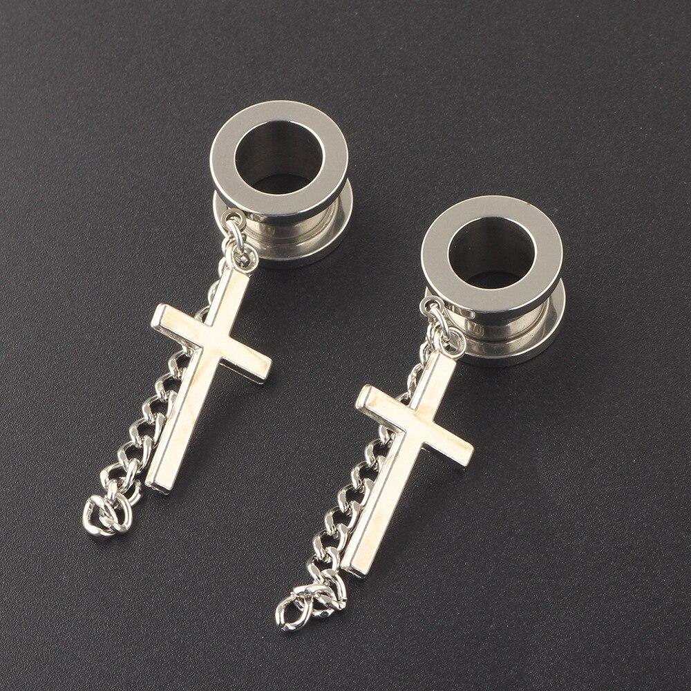 2 шт., туннель для плоти, 6-25 мм, затычки для ушей из нержавеющей стали и туннели, висячий крест, пирсинг, расширение, растянутые украшения для тела