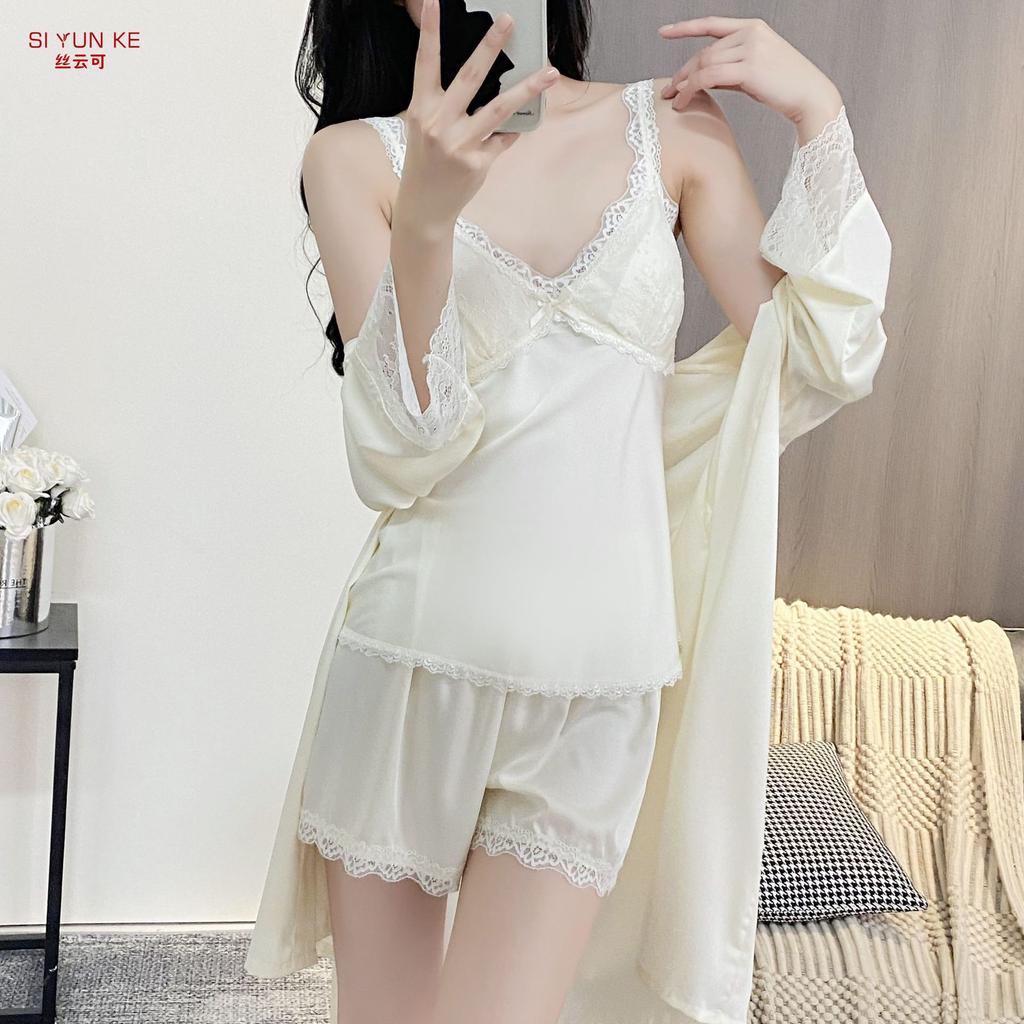 New ice lace pajamas women's four-piece set, sexy suspender shorts, nightgown, loungewear set, pure desire wind belt chest