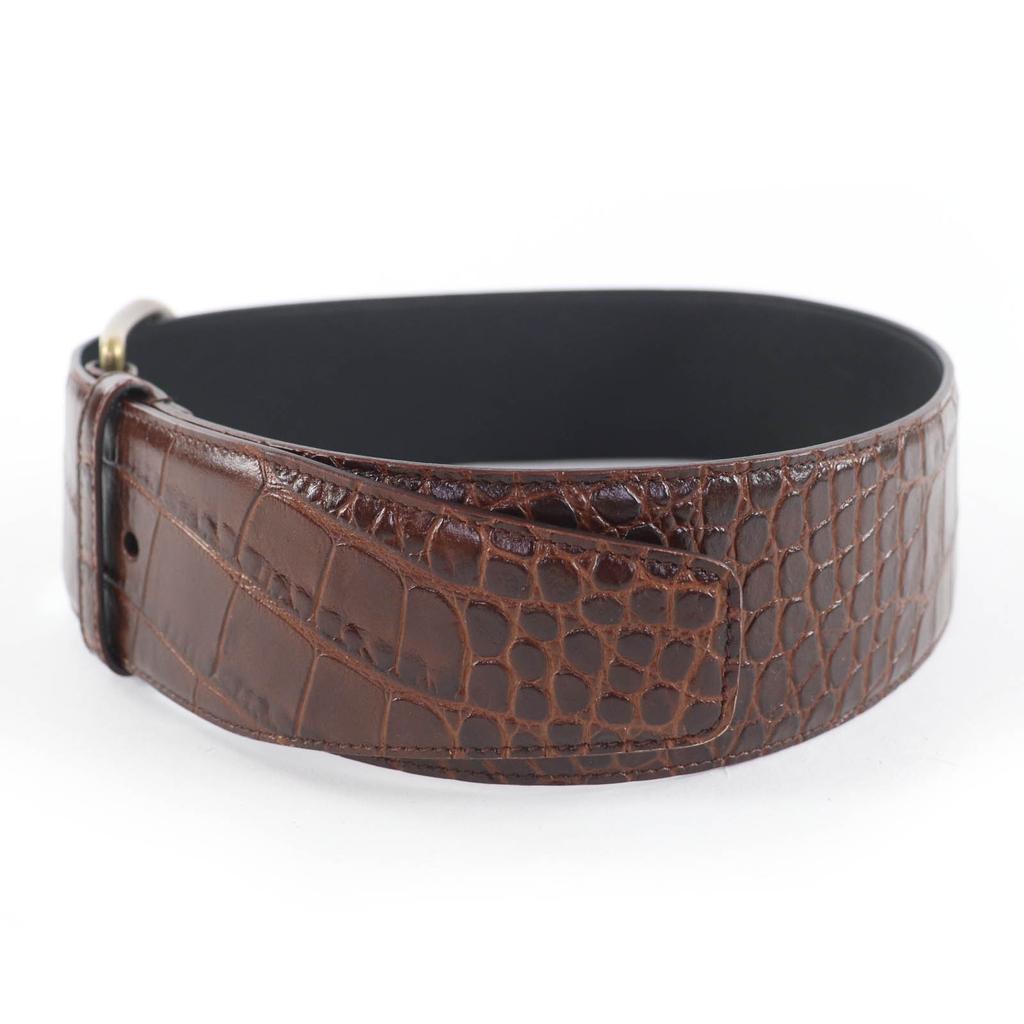 Превосходный ремень SAINT LAURENT из кожи с тиснением под крокодила с логотипом Коричневый 65 GRZ619783 Б/у