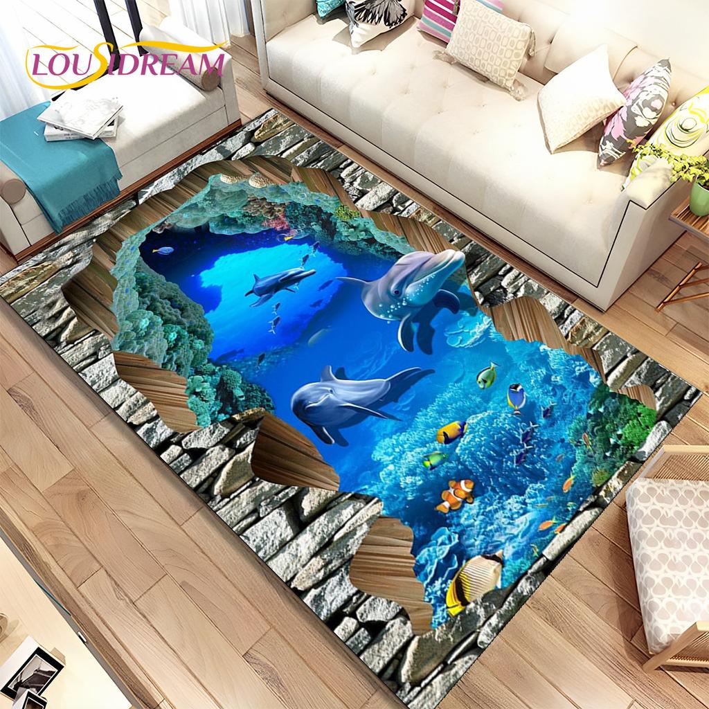 3D иллюзия морского дна, подводный мир, коврик с дельфином и акулой, коврик для гостиной, спальни, дивана, коврик, нескользящий напольный коврик