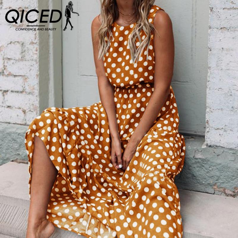 QICED Spring Summer Fashion Versatile Printed Polka Dot O-Neck Long Women's Dresses