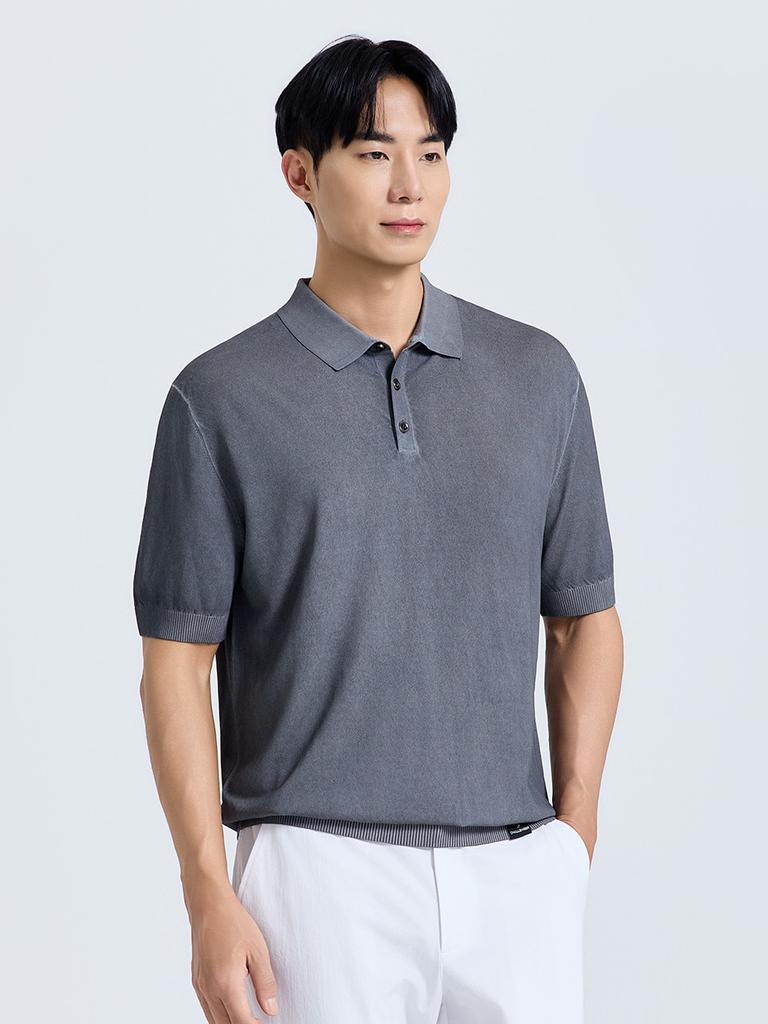 CHALLENGER Men'S Garment-Dyed Collared Short Sleeve Knit Pullover Charcoal