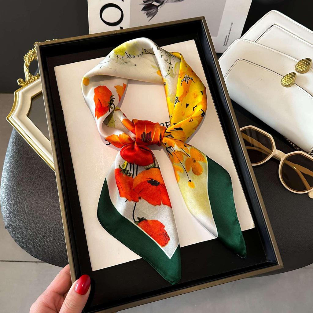 Women's Striped Silk Imitation Square Scarf - Spring & Autumn All-Match Simple Style Accessory