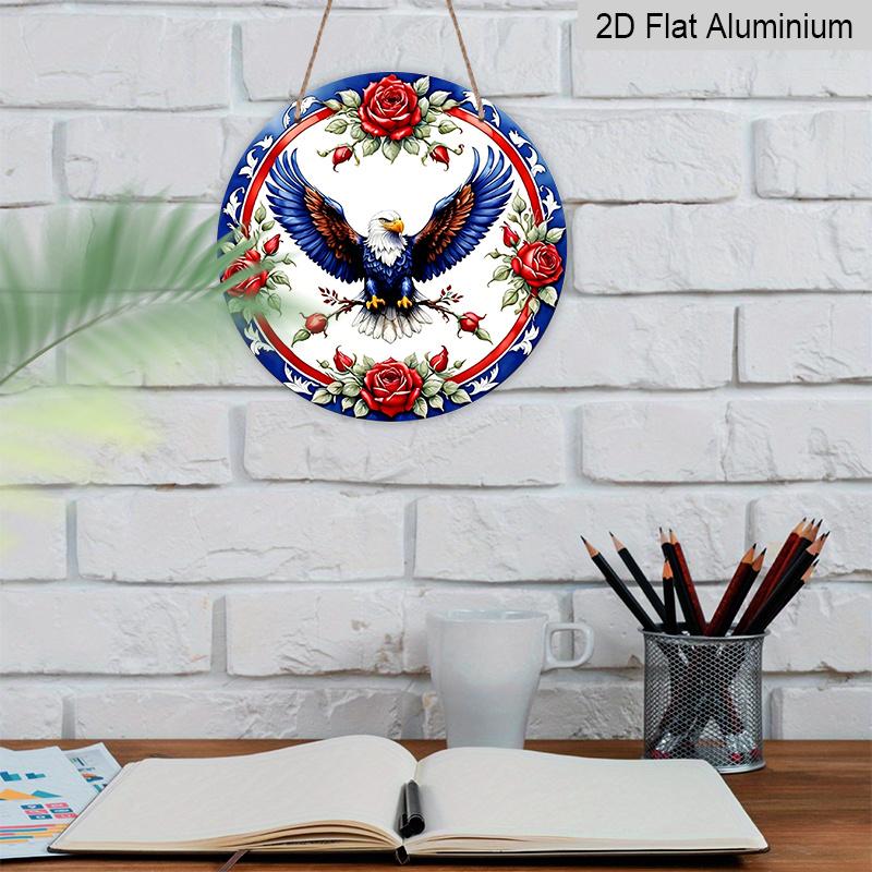 2D Flat, 1pc Blue, Red and White Eagle Garland Sign, round Metal Aluminum Garland Sign, Patriotic Sign, 4th of July & Memrial Day Decorative