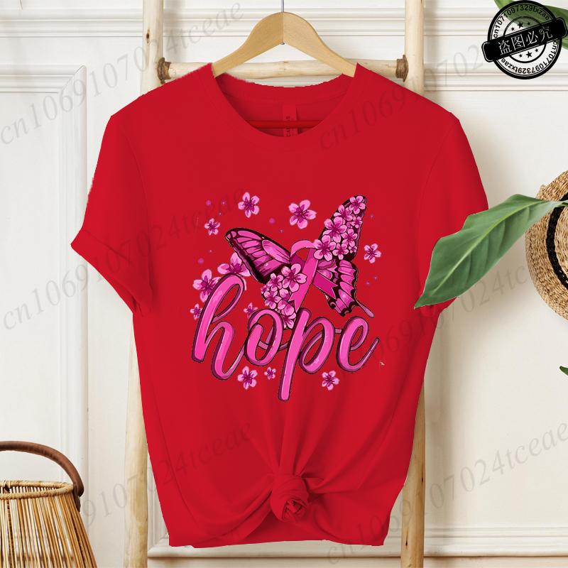 Hope Pink Ribbon Butterfly Breast Cancer Awareness Warrior Print Women's T-Shirt,Graphic Tee Tops,Casual Streetwear Fashion Tops