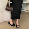 High-heeled Cool Slippers Women's Stiletto Open-toed Women's Sandals Size Women's Ankle Strap New Square Head Black Satin Bow