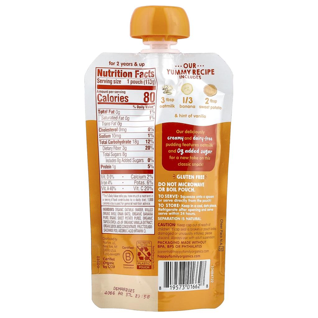 Happy Family Organics Happy Tot®, Oatmilk Pudding, 2 Years+, Organic Oatmilk, Banana and Sweet Potato, 4 Oz (113 G)
