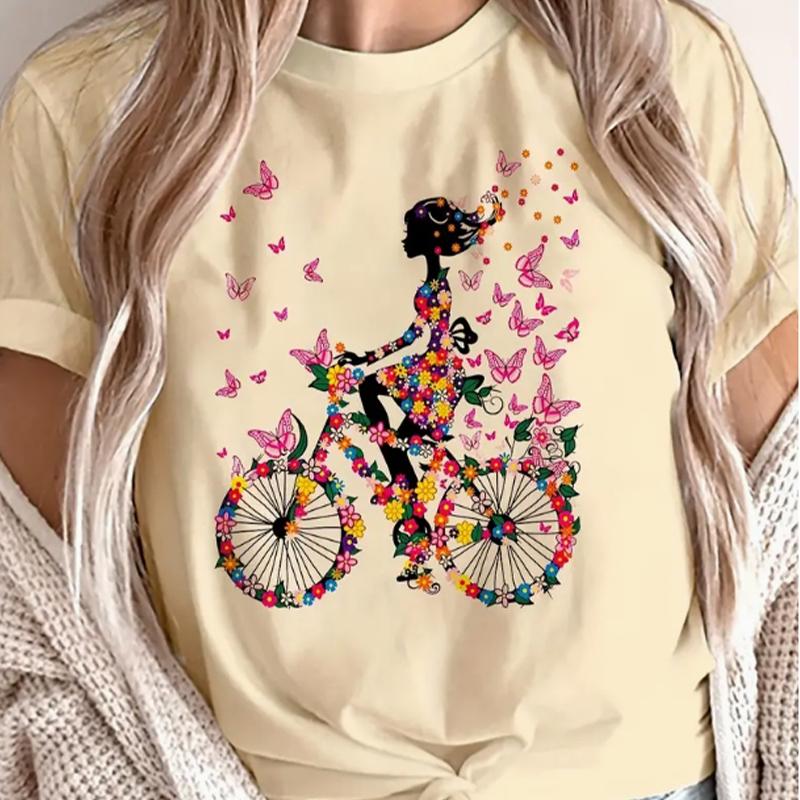 Модная женская футболка с принтом велосипеда и бабочки, забавная повседневная футболка с круглым вырезом и короткими рукавами, летняя женская футболка