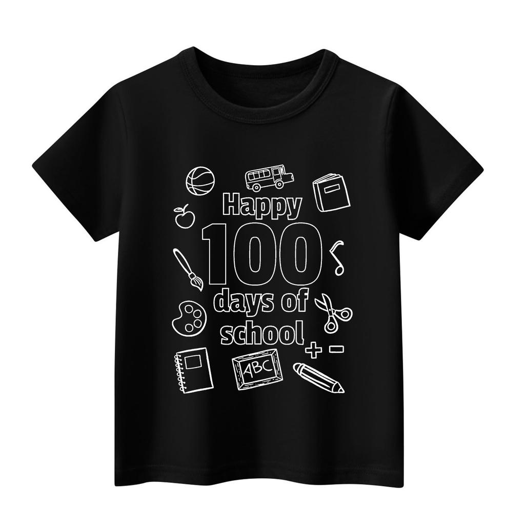 Kids Fashion Casual Short Sleeve 100 Day School Anniversary Printed Round Neck T-Shirt Top