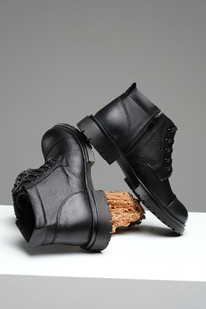 Men's Fashion Genuine Leather Flat Heeled Booties Gerino Zipper Detailed Polar Boots Shoes